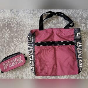 Victoria’s Secret Pink Tote and Tech Pouch, Berry Gray Silver Logo Print